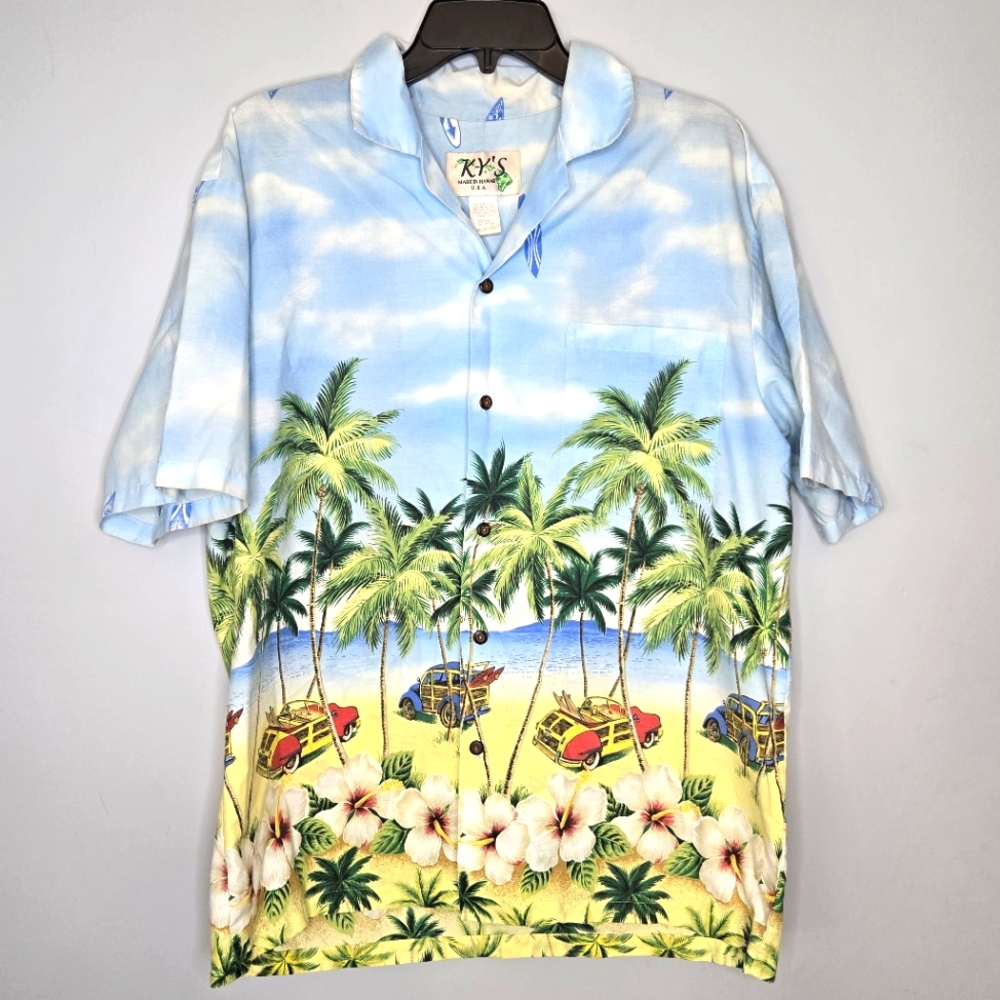 Vintage‎ KY Hawaiian Button Down Shirt Sky Palm Tree Car Beach Tropical Large